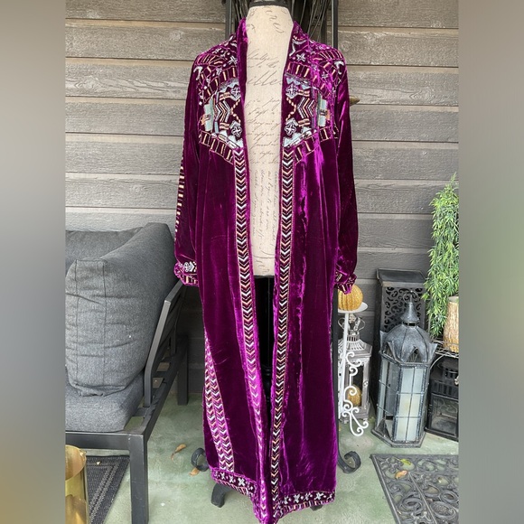 Crazy Train Purple Velvet Beaded Embroidered Western Duster Kimono Jacket S - Picture 4 of 16